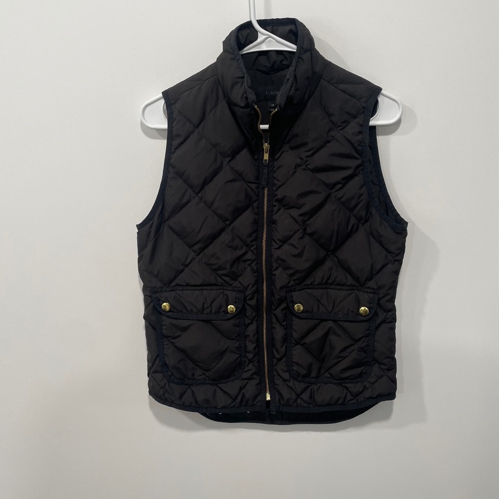 J Crew Quilted Down Puffer Vest Black Gold Snap‎ Pockets XS